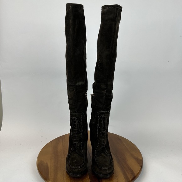 Womens Prada Brown Suede Lace Up Block Heel Platform Tall Boots Size EU 38.5 - Picture 3 of 14